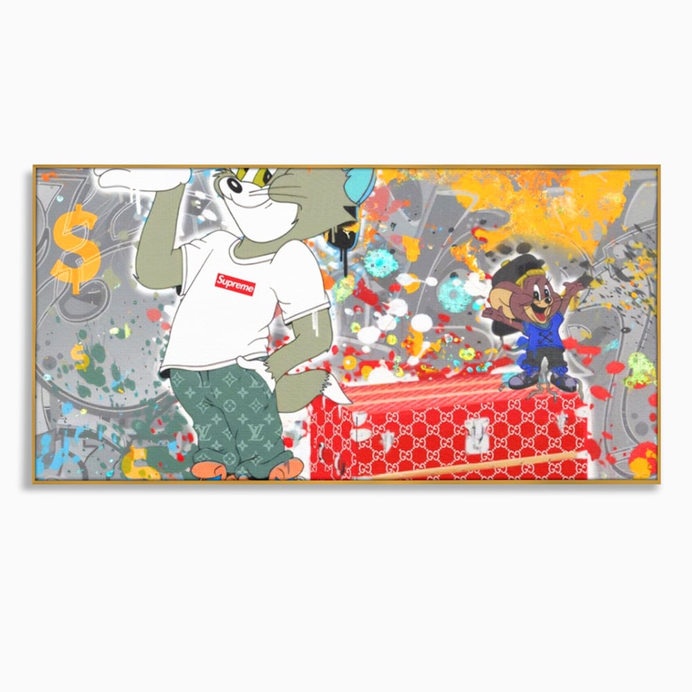 Tablou canvas cu tablou canvas cu tom si jerry, in rama de aluminiu auriu